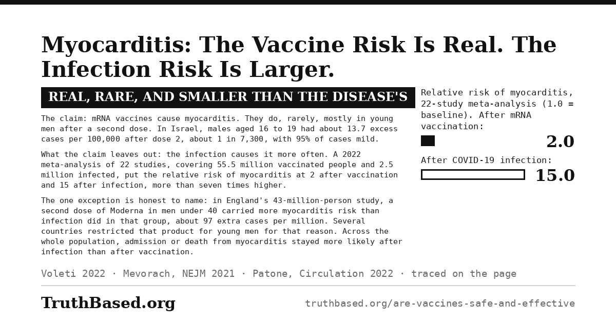 Explanation card: myocarditis, the vaccine risk is real and the infection risk is larger. mRNA vaccines do cause myocarditis, rarely, mostly in young men after a second dose: in Israel, males aged 16 to 19 had about 13.7 excess cases per 100,000 after dose 2, about 1 in 7,300, with 95% of cases mild. A 2022 meta-analysis of 22 studies, covering 55.5 million vaccinated people and 2.5 million infected, put the relative risk at 2 after vaccination and 15 after infection. The one exception: in England’s 43-million-person study, a second dose of Moderna in men under 40 carried more risk than infection did in that group, about 97 extra cases per million, and several countries restricted that product for young men; across the whole population, admission or death from myocarditis stayed more likely after infection. Bar chart, relative risk of myocarditis: after mRNA vaccination 2.0; after COVID-19 infection 15.0.