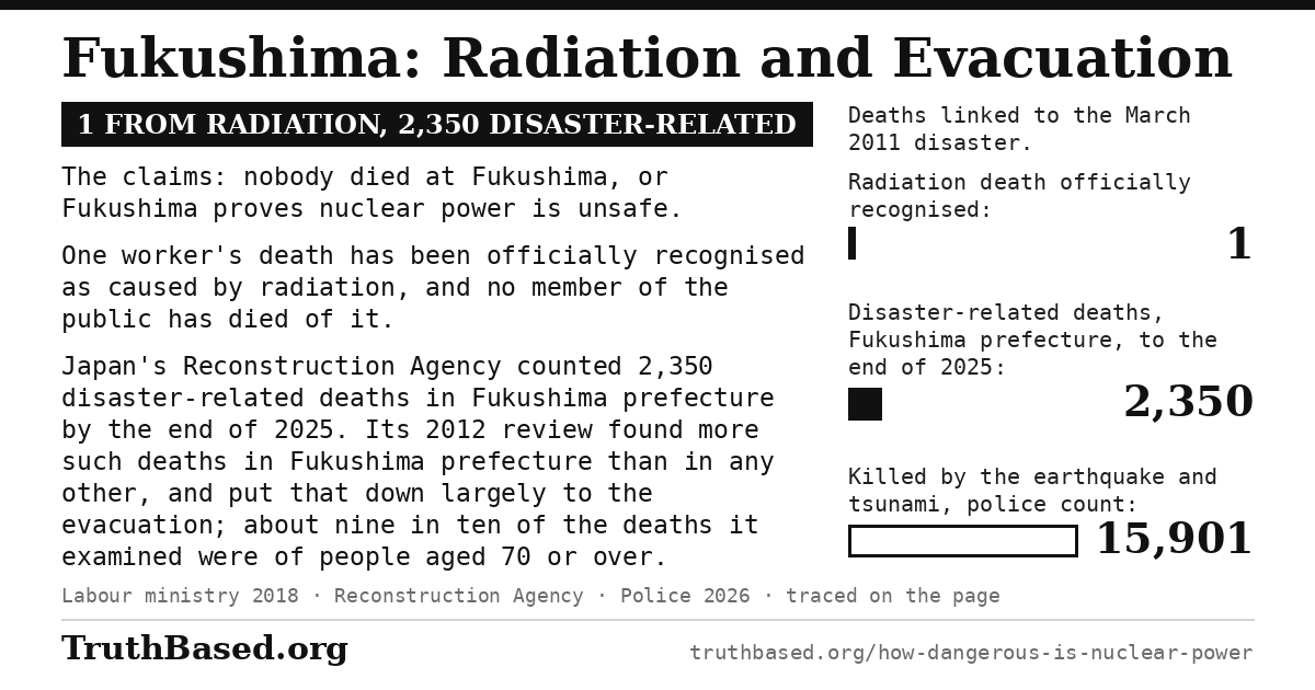 Card: Fukushima, radiation and evacuation; 1 from radiation, 2,350 disaster-related. The claims are that nobody died at Fukushima, or that it proves nuclear power is unsafe. One worker's death has been officially recognised as caused by radiation, and no member of the public has died of it. Japan's Reconstruction Agency counted 2,350 disaster-related deaths in Fukushima prefecture by the end of 2025. Its 2012 review found more such deaths in Fukushima prefecture than in any other, and put that down largely to the evacuation; about nine in ten of the deaths it examined were of people aged 70 or over. Bars: radiation death officially recognised, 1; disaster-related deaths in Fukushima prefecture to the end of 2025, 2,350; killed by the earthquake and tsunami, police count, 15,901.