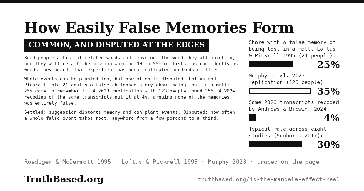 Explanation card: How Easily False Memories Form; common, and disputed at the edges. Read people a list of related words and leave out the word they all point to, and they will recall the missing word on 40 to 55% of lists, as confidently as words they heard. That experiment has been replicated hundreds of times. Whole events can be planted too, but how often is disputed. Loftus and Pickrell told 24 adults a false childhood story about being lost in a mall; 25% came to remember it. A 2023 replication with 123 people found 35%. A 2024 recoding of the same transcripts put it at 4%, arguing none of the memories was entirely false. Settled: suggestion distorts memory and can plant events. Disputed: how often a whole false event takes root, anywhere from a few percent to a third. Bar chart: Share with a false memory of being lost in a mall. Loftus & Pickrell 1995 (24 people) 25%; Murphy et al. 2023 replication (123 people) 35%; Same 2023 transcripts recoded by Andrews & Brewin, 2024 4%; Typical rate across eight studies (Scoboria 2017) 30%.